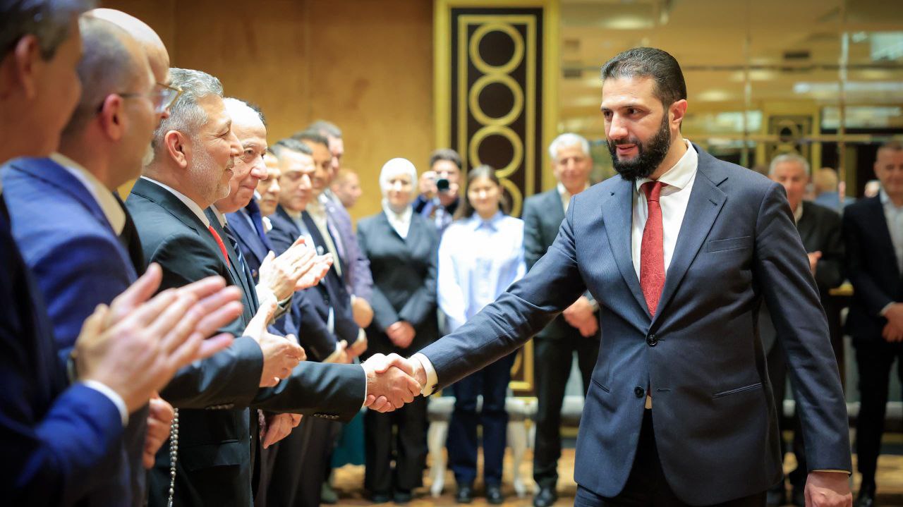 His Excellency The President of the Republic, Mr. Ahmed Al-Shara, and The Minister of Foreign Affairs and Expatriates, Mr. Asaad Hassan Al-Shaibani, Meet with a Delegation from the Syrian Community in Russia