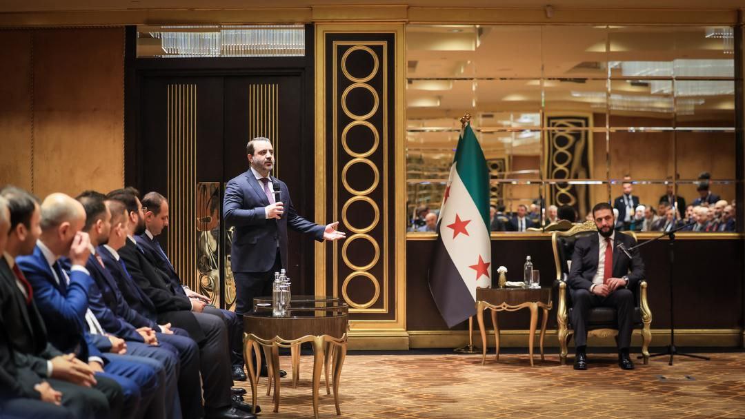 His Excellency The President of the Republic, Mr. Ahmed Al-Shara, and The Minister of Foreign Affairs and Expatriates, Mr. Asaad Hassan Al-Shaibani, Meet with a Delegation from the Syrian Community in Russia