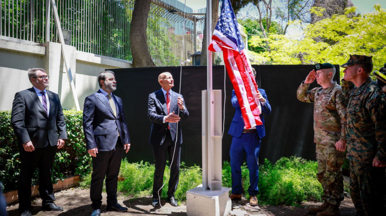  In The Presence of the Minister of Foreign Affairs and Expatriates, Mr. Asaad Hassan Al-Shaibani, The US Flag Is Raised at The Residence in The Capital, Damascus