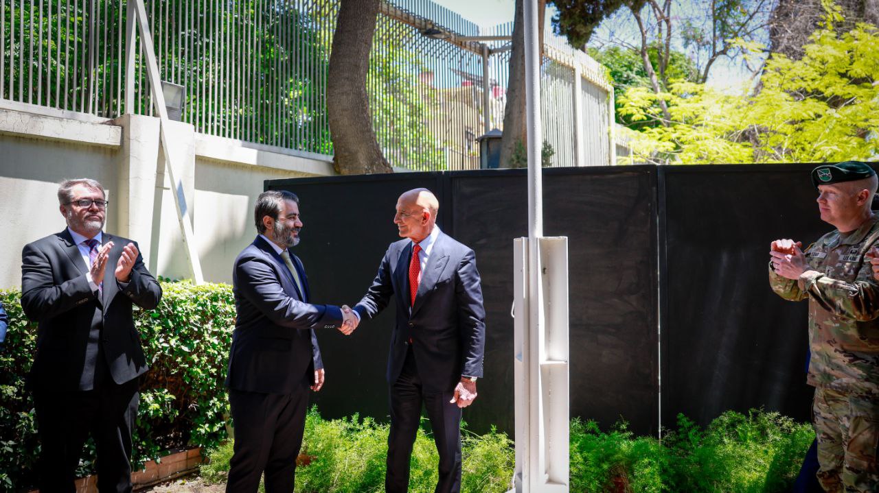  In The Presence of the Minister of Foreign Affairs and Expatriates, Mr. Asaad Hassan Al-Shaibani, The US Flag Is Raised at The Residence in The Capital, Damascus