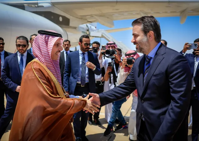  Minister of Foreign Affairs and Expatriates Asaad Hassan Al-Shaibani Receives His Saudi Counterpart