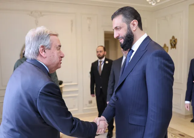 رئيس الجمهورية العربية السورية السيد أحمد الشرع ووزير الخارجية السيد أسعد الشيباني يلتقيان السيد أنطونيو غوتيريش الأمين العام للأمم المتحدة