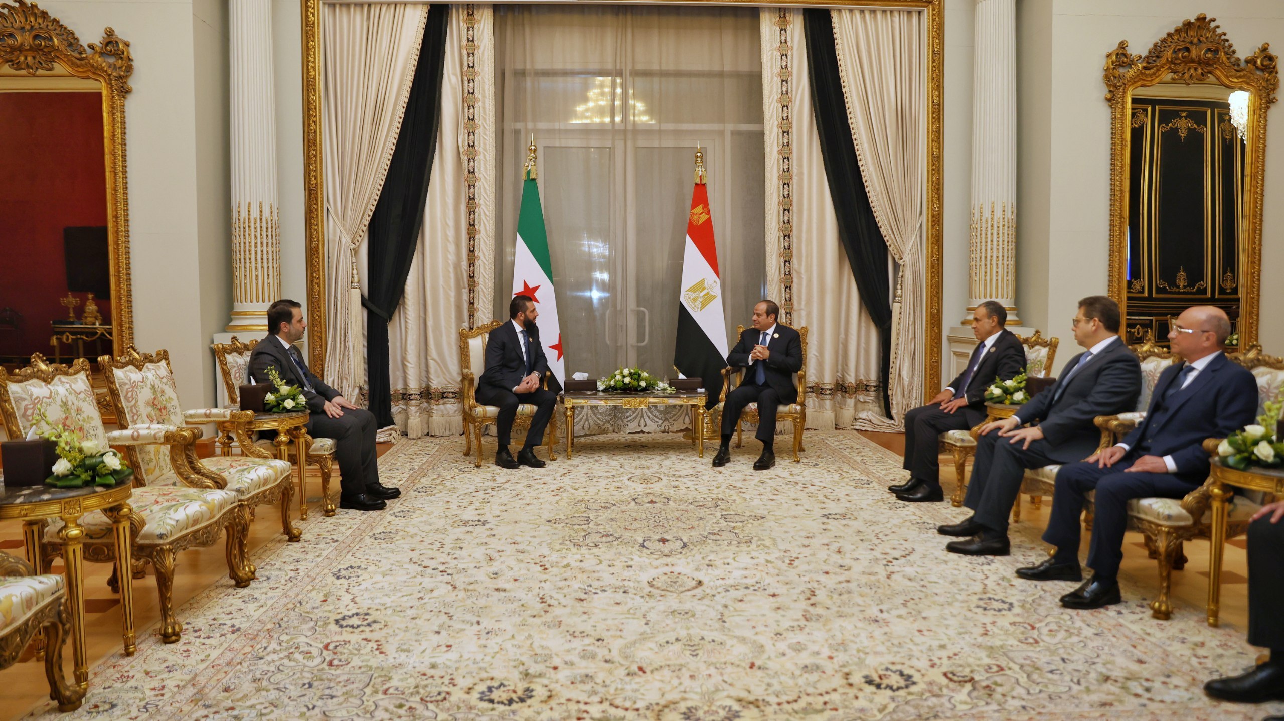 Side Meeting Takes Place between The President Al-Sharaa, and The Foreign Minister Al-Shaibani, with The President of The Arab Republic of Egypt, Mr. Abdel Fattah Al-Sisi