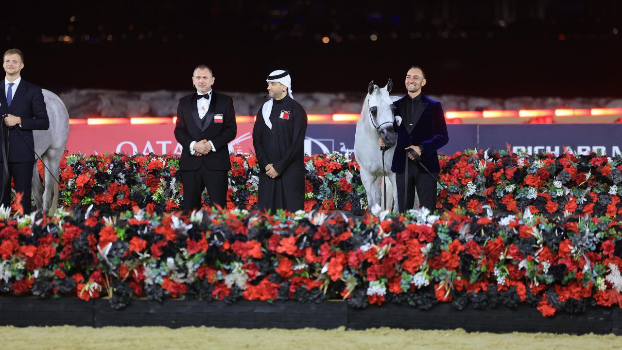 فخامة السيد الرئيس أحمد الشرع ووزير الخارجية والمغتربين السيد أسعد حسن الشيباني يحضران برفقة صاحب السمو الشيخ تميم بن حمد آل ثاني أمير دولة قطر بطولة العالم للخيل العربية (السوبريم) المقامة في العاصمة القطرية الدوحة
