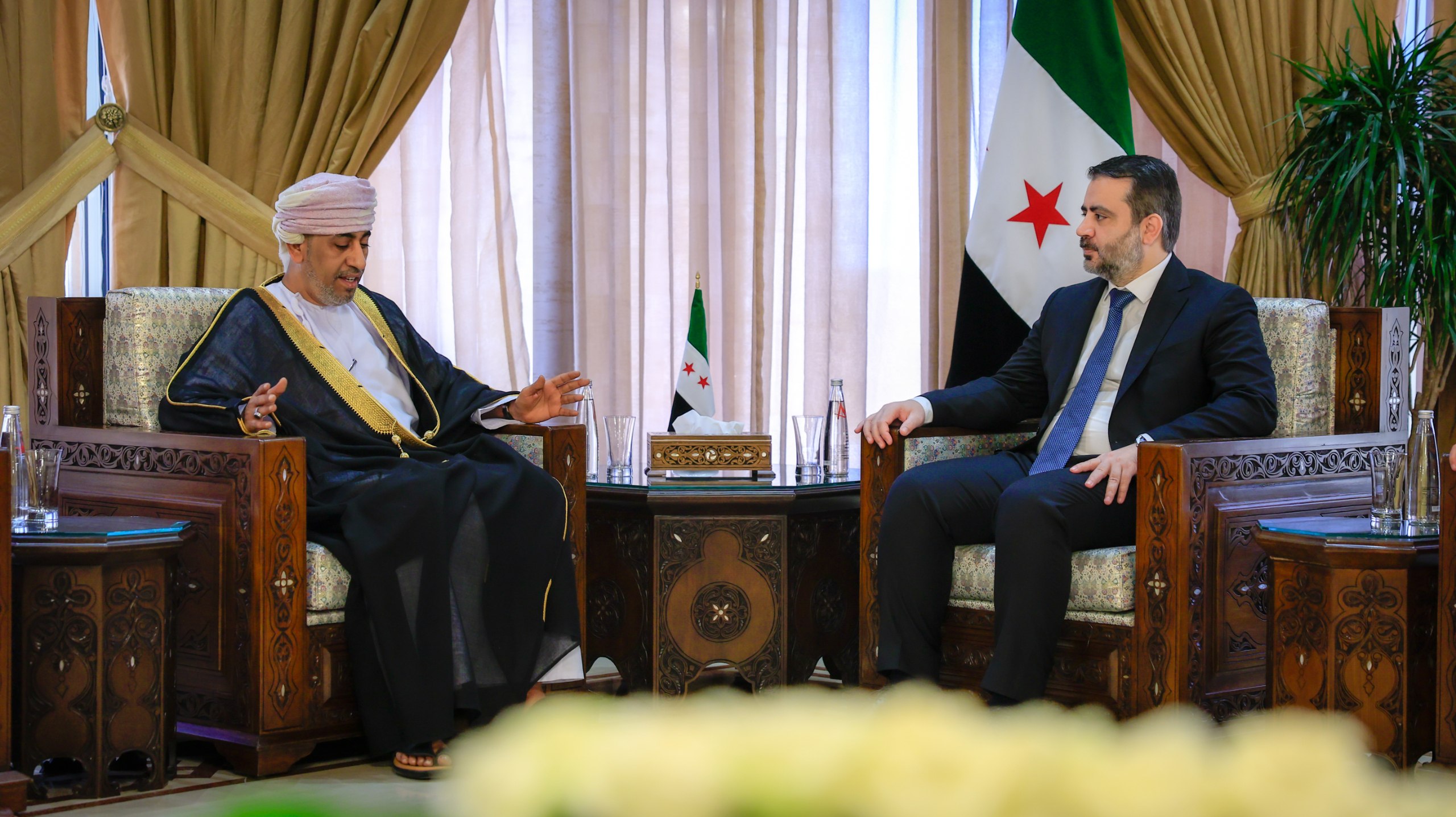 Minister of Foreign Affairs and Expatriates, Mr. Asaad Hassan Al-Shaibani, meets  with the Ambassador of the Sultanate of Oman to the Syrian Arab Republic, Mr. Turki bin Mahmoud Al-Busaidi.