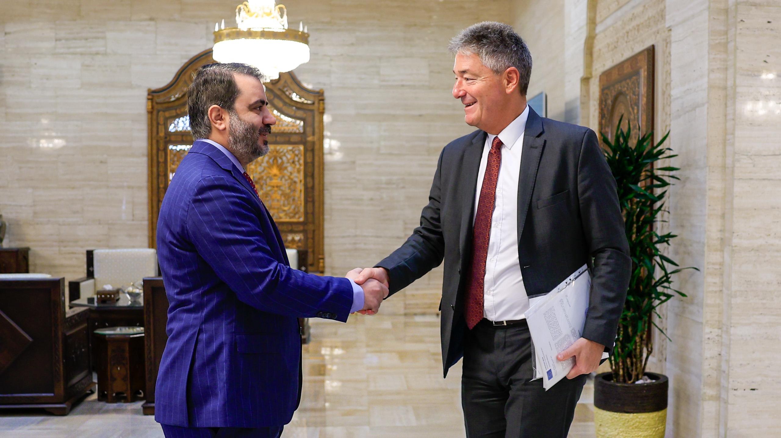 .Minister of Foreign Affairs and Expatriates Asaad Hassan Al-Shaibani welcomes a European delegation in Damascus