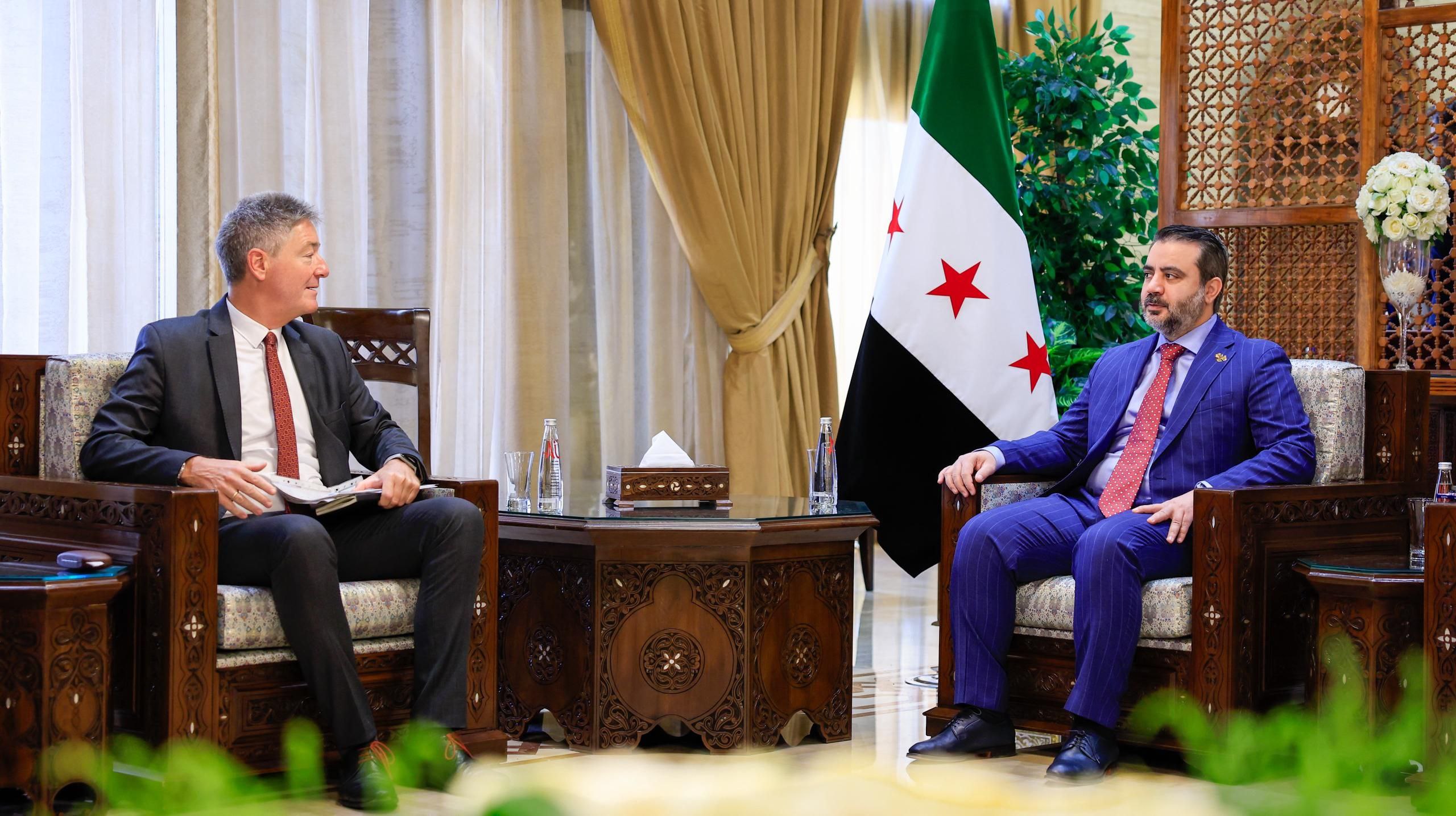 .Minister of Foreign Affairs and Expatriates Asaad Hassan Al-Shaibani welcomes a European delegation in Damascus