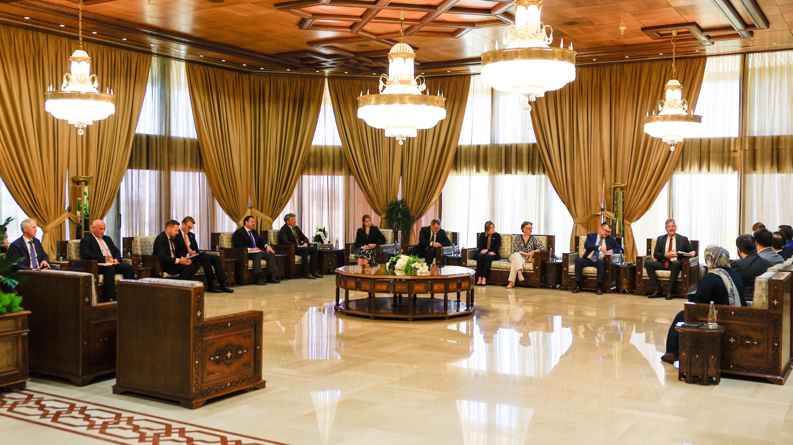.Minister of Foreign Affairs and Expatriates Asaad Hassan Al-Shaibani welcomes a European delegation in Damascus