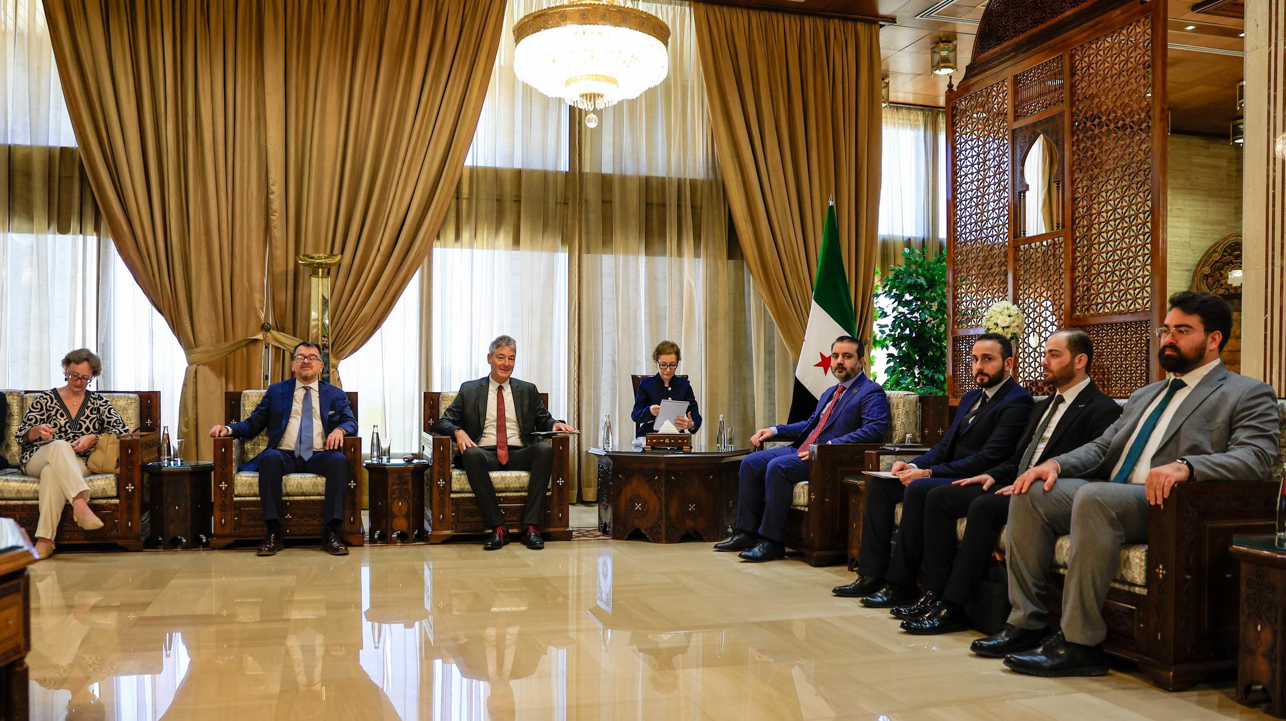 .Minister of Foreign Affairs and Expatriates Asaad Hassan Al-Shaibani welcomes a European delegation in Damascus