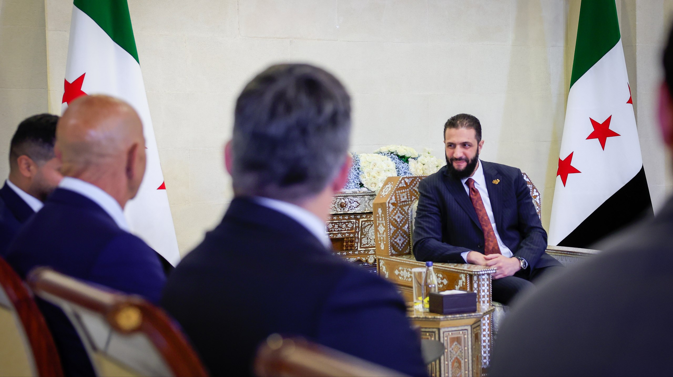 .His Excellency the President of the Syrian Arab Republic, Mr. Ahmad Al-Shara, meets with the US Special Envoy to Syria, Mr. Thomas Barrack
