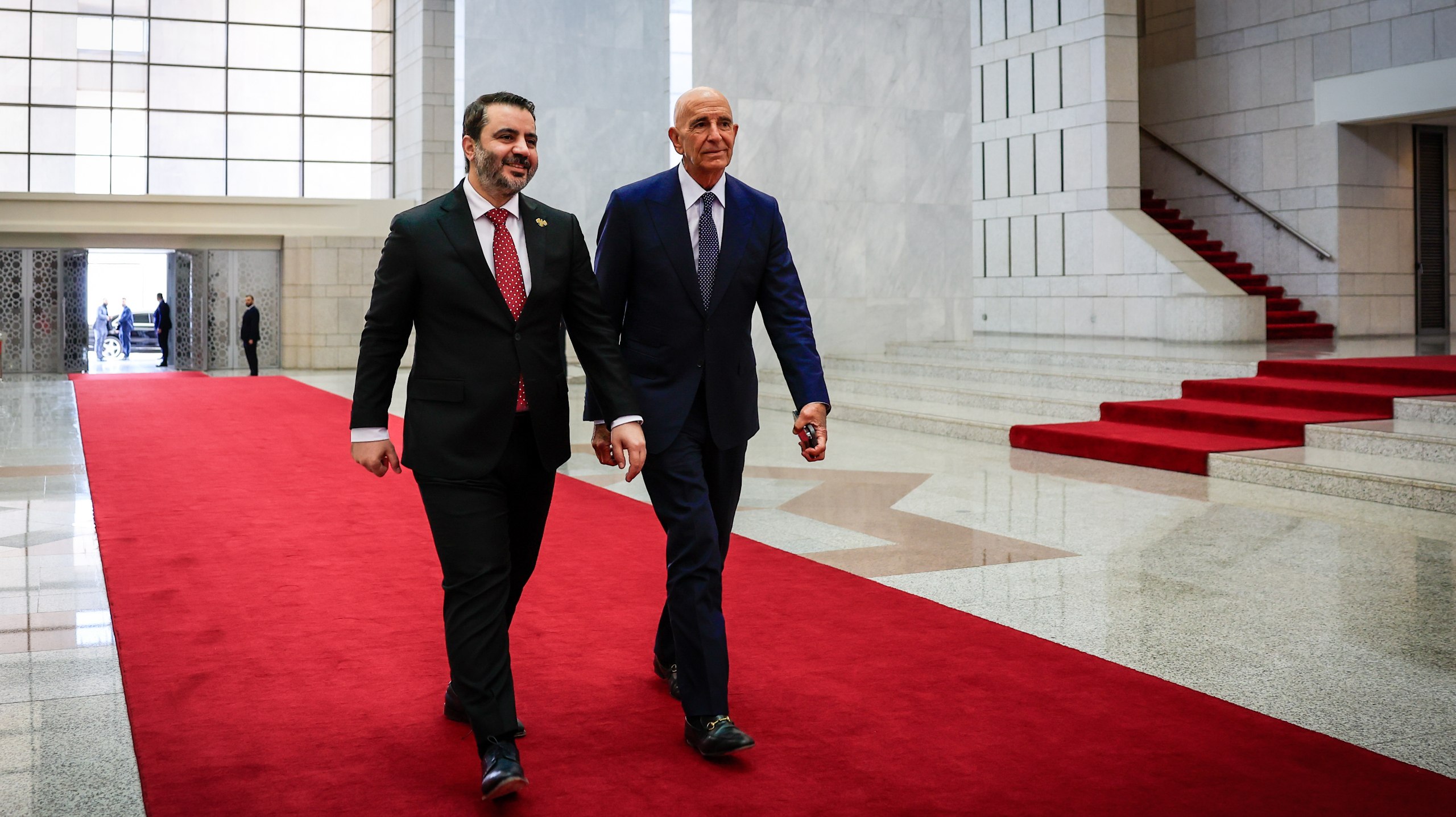 .His Excellency the President of the Syrian Arab Republic, Mr. Ahmad Al-Shara, meets with the US Special Envoy to Syria, Mr. Thomas Barrack