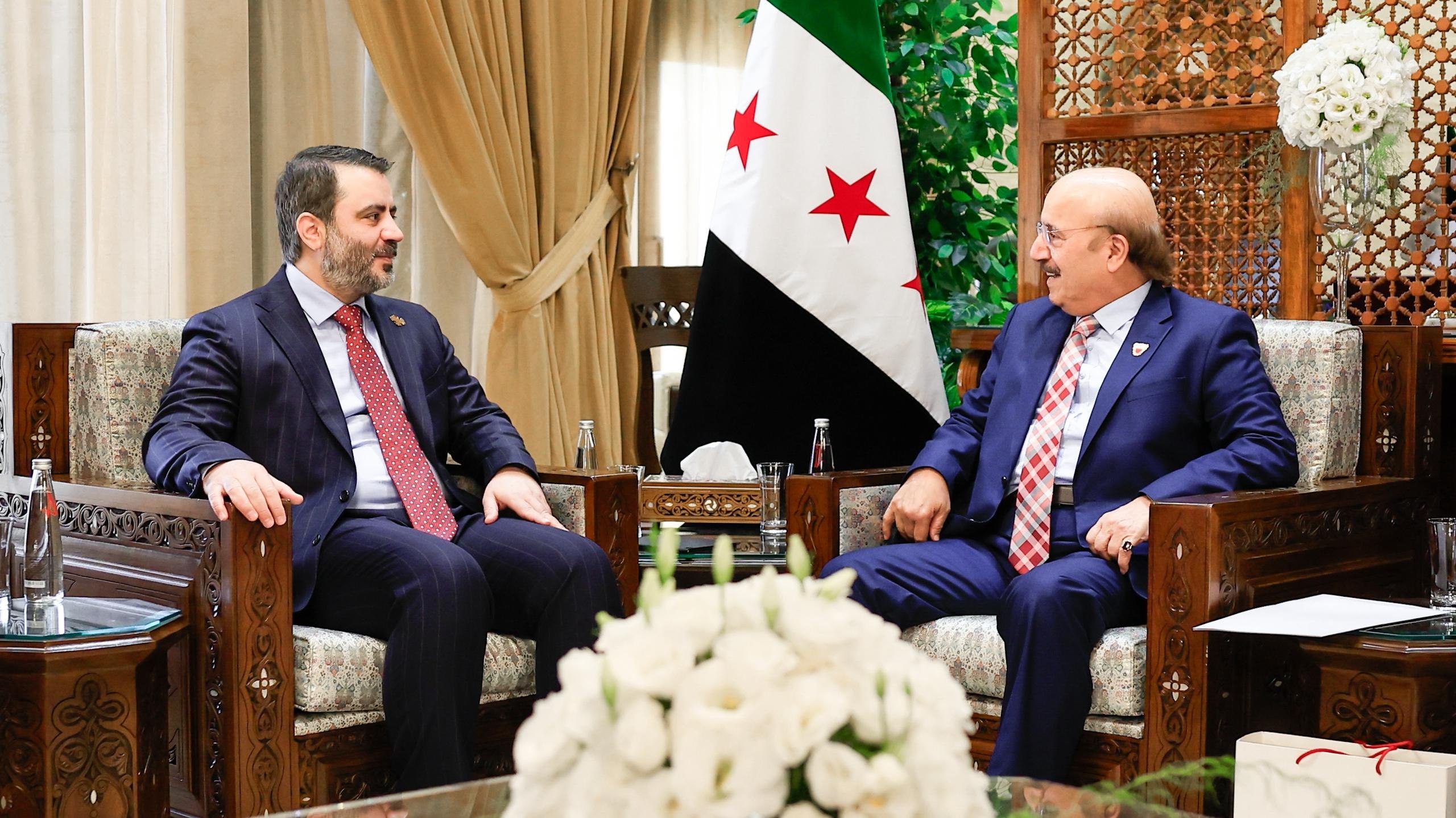 .Minister of Foreign Affairs and Expatriates, Mr. Asaad Hassan Al-Shaibani, receives the Ambassador of the Kingdom of Bahrain to the Syrian Arab Republic, Mr. Wahid Mubarak Al-Sayyar