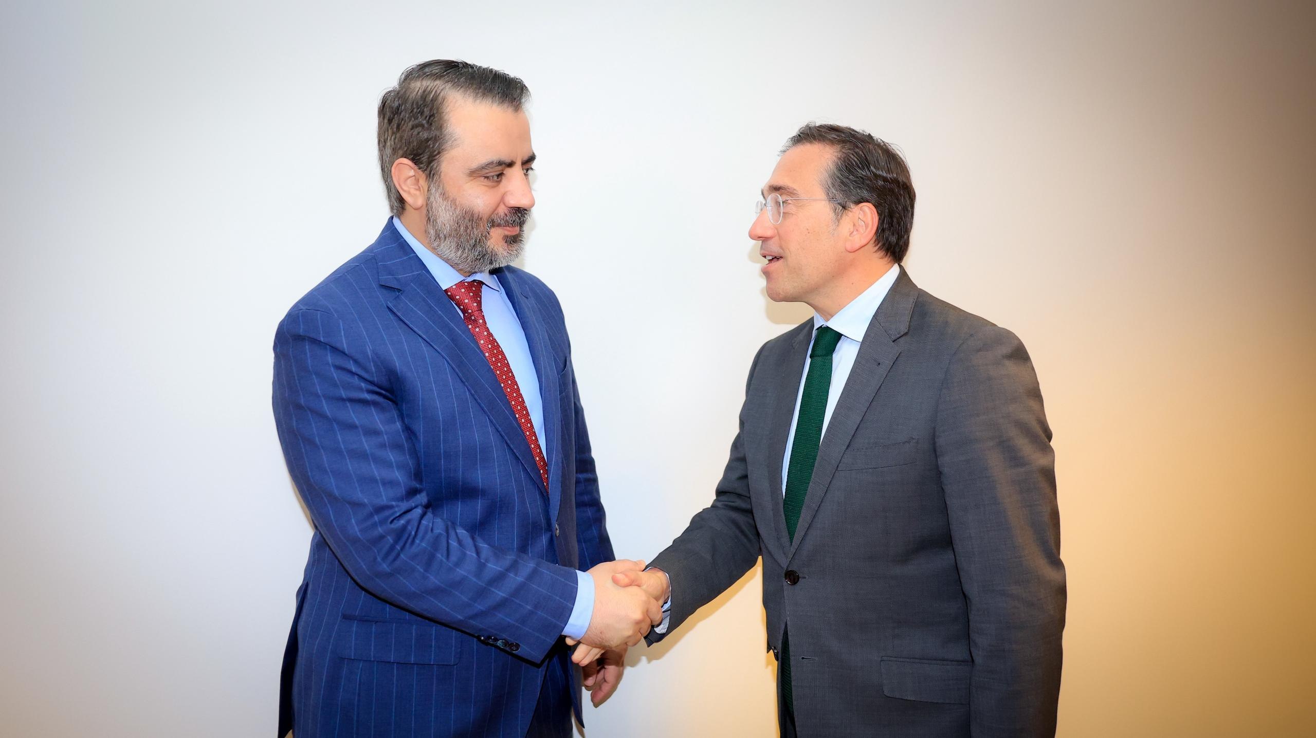 Minister of Foreign Affairs and Expatriates, Mr. Asaad Hassan Al-Shibani, meets with his Spanish counterpart, Mr. José Manuel Albares, in Brussels on the sidelines of the Union for the Mediterranean Meeting.