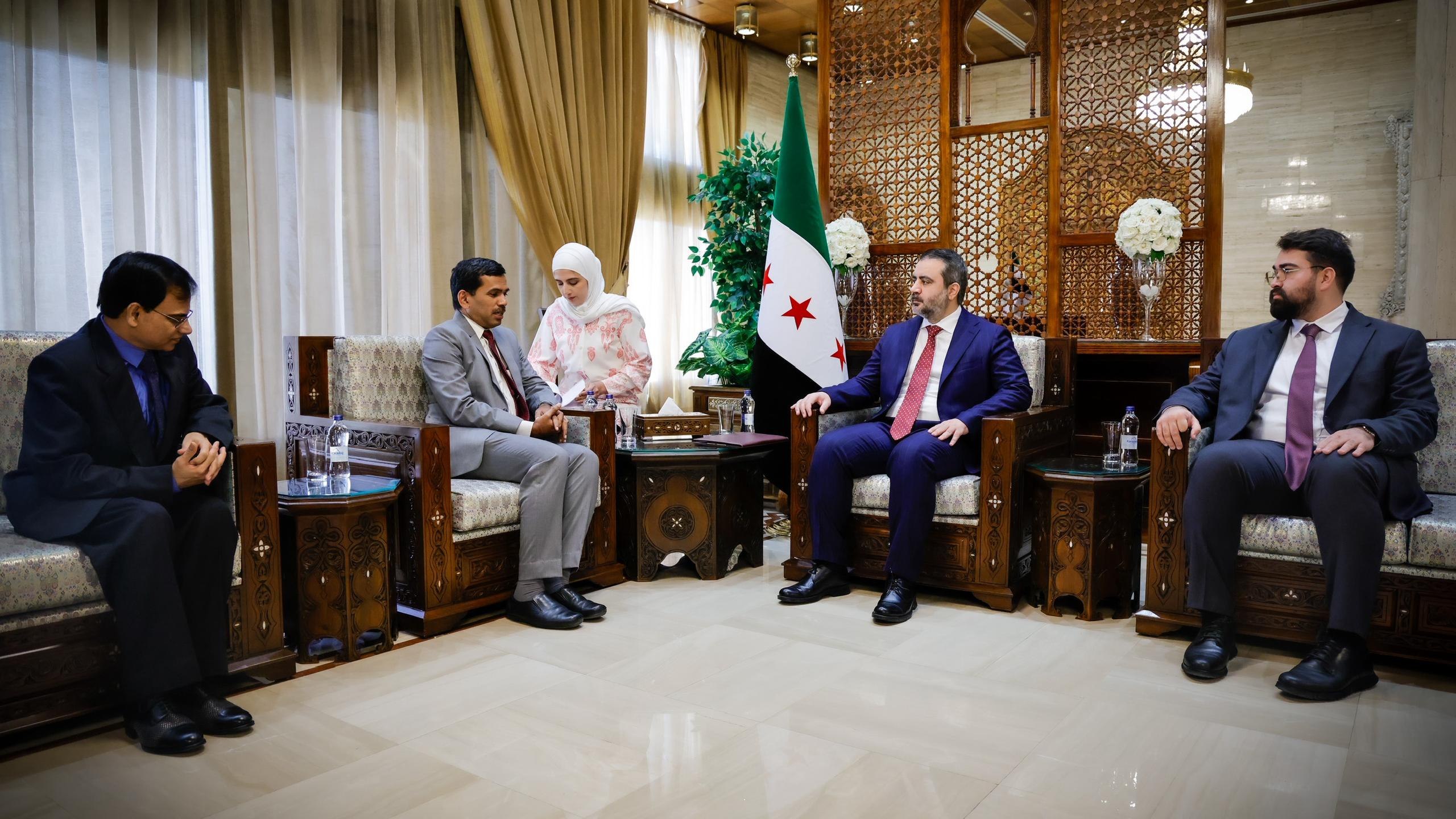 Minister of Foreign Affairs and Expatriates Asaad Hassan Al-Shaibani receives an Indian delegation in Damascus, headed by Mr. Suresh Kumar, Director of the West Asia and North Africa Department at the Indian Ministry of External Affairs