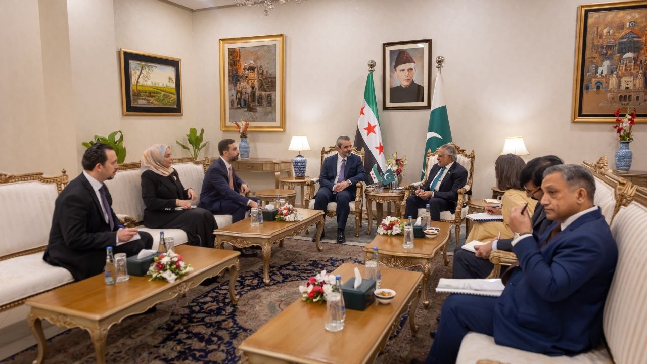 التقى وزير الخارجية والمغتربين السيد أسعد حسن الشيباني نائب رئيس الوزراء وزير خارجية جمهورية باكستان الإسلامية السيد محمد إسحاق دار في العاصمة الباكستانية إسلام آباد