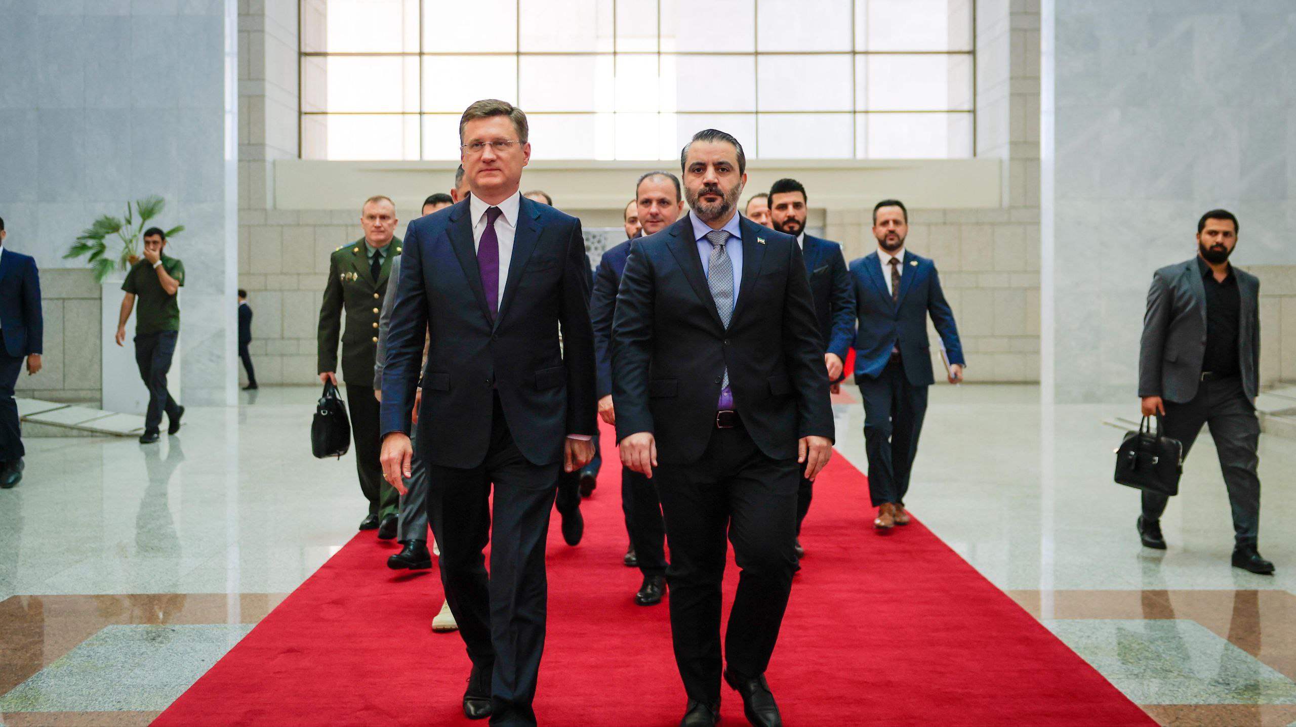 His Excellency the President of the Republic, Mr. Ahmed Al-Shara, meets at the People's Palace in the capital, Damascus, with the Russian Deputy Prime Minister, Mr. Alexander Novak, and his accompanying delegation