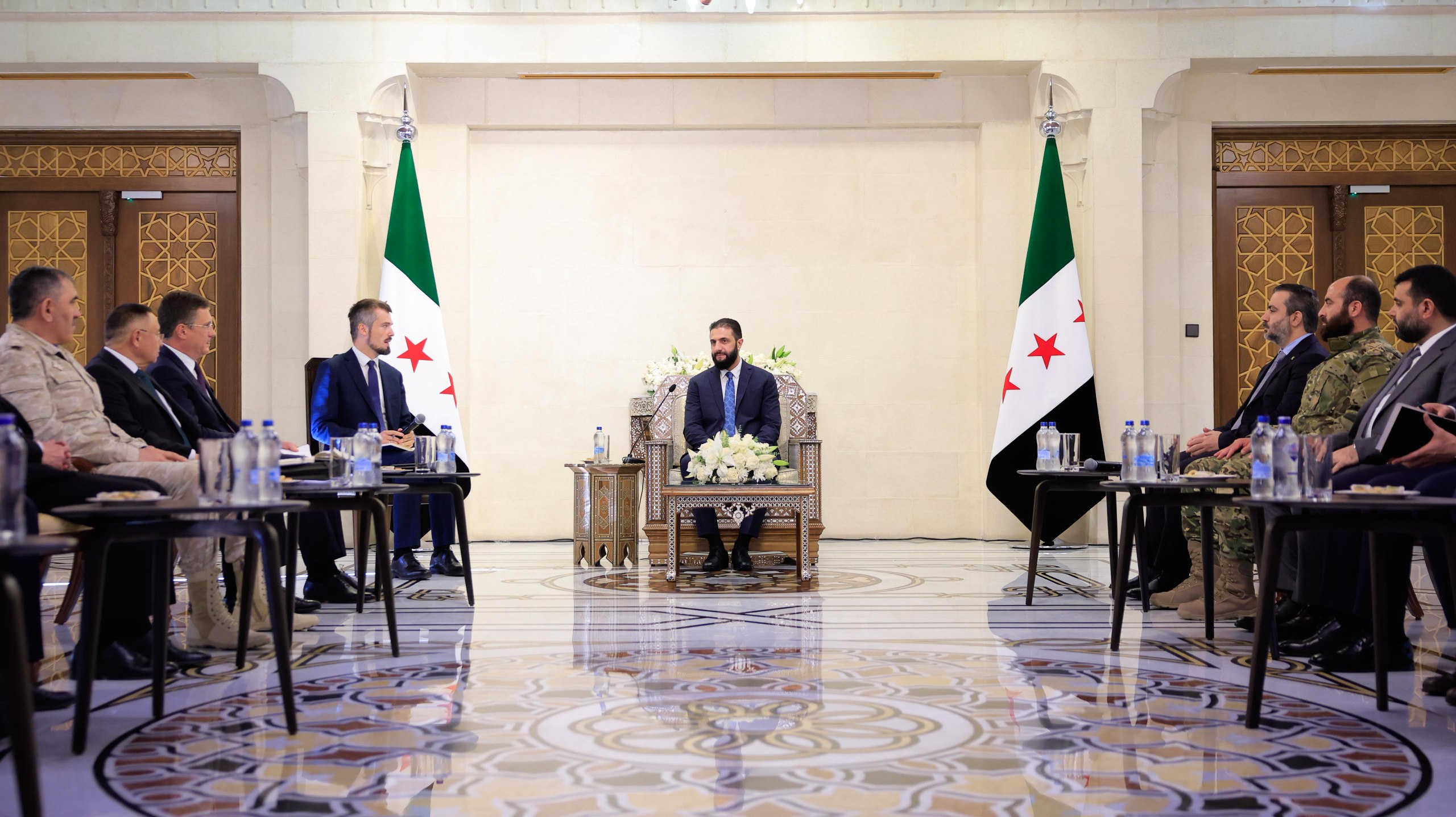 His Excellency the President of the Republic, Mr. Ahmed Al-Shara, meets at the People's Palace in the capital, Damascus, with the Russian Deputy Prime Minister, Mr. Alexander Novak, and his accompanying delegation
