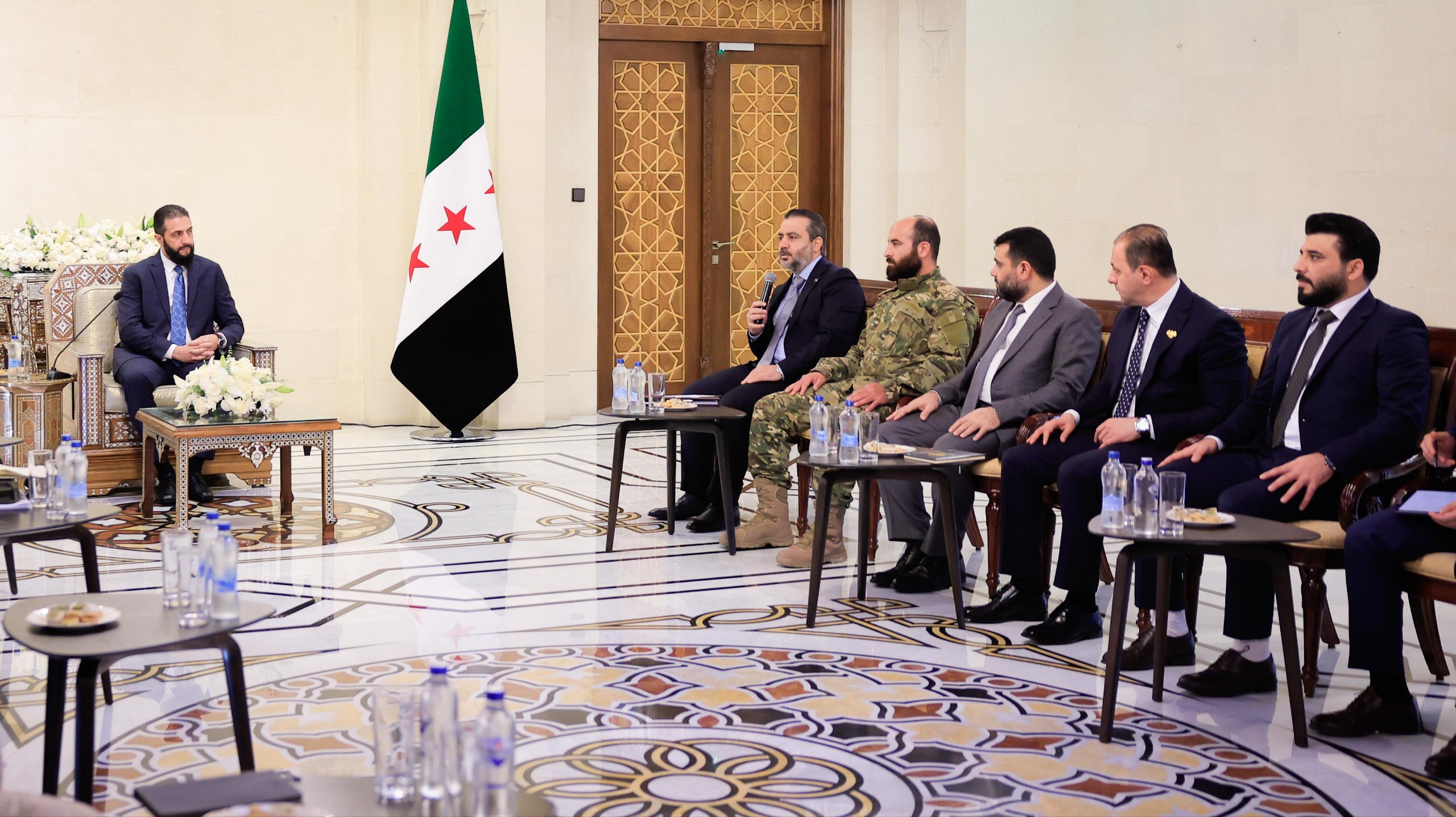 His Excellency the President of the Republic, Mr. Ahmed Al-Shara, meets at the People's Palace in the capital, Damascus, with the Russian Deputy Prime Minister, Mr. Alexander Novak, and his accompanying delegation