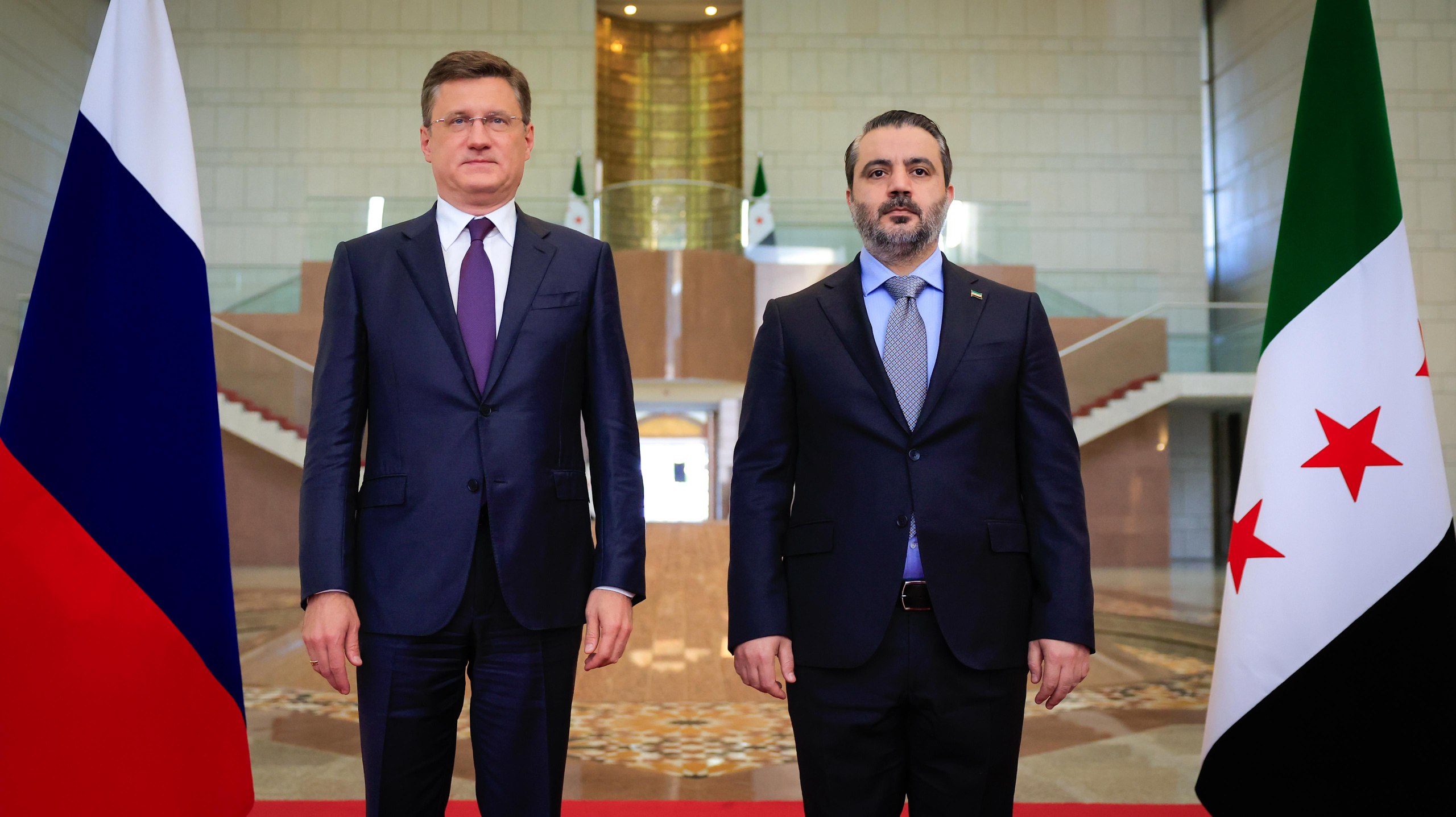 His Excellency the President of the Republic, Mr. Ahmed Al-Shara, meets at the People's Palace in the capital, Damascus, with the Russian Deputy Prime Minister, Mr. Alexander Novak, and his accompanying delegation
