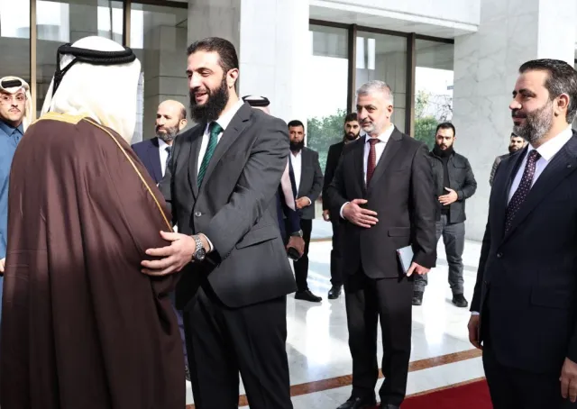 The meeting of Commander "Ahmad Al-Sharaa" and Syrian Foreign Minister Mr. "Asaad Al-Shibani" with the Qatari delegation headed by Minister of State Mr. "Mohammed bin Abdulaziz Al-Khulaifi".