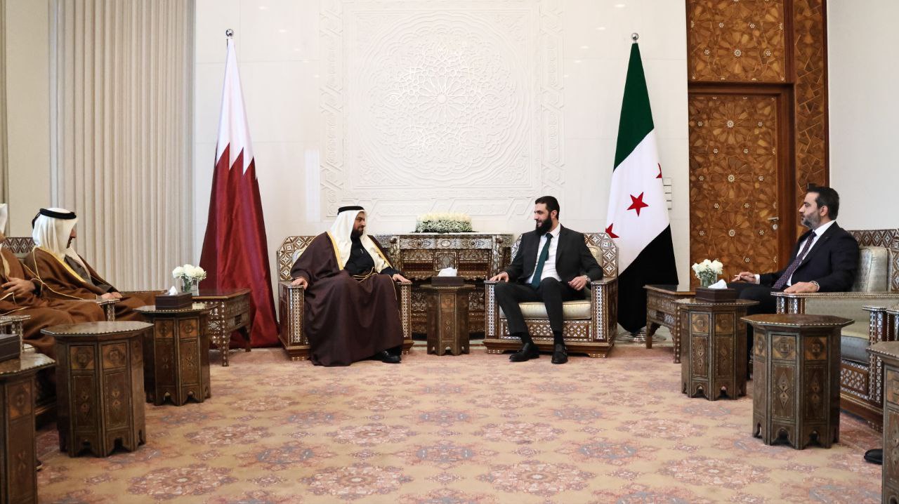 The meeting of Commander "Ahmad Al-Sharaa" and Syrian Foreign Minister Mr. "Asaad Al-Shibani" with the Qatari delegation headed by Minister of State Mr. "Mohammed bin Abdulaziz Al-Khulaifi".