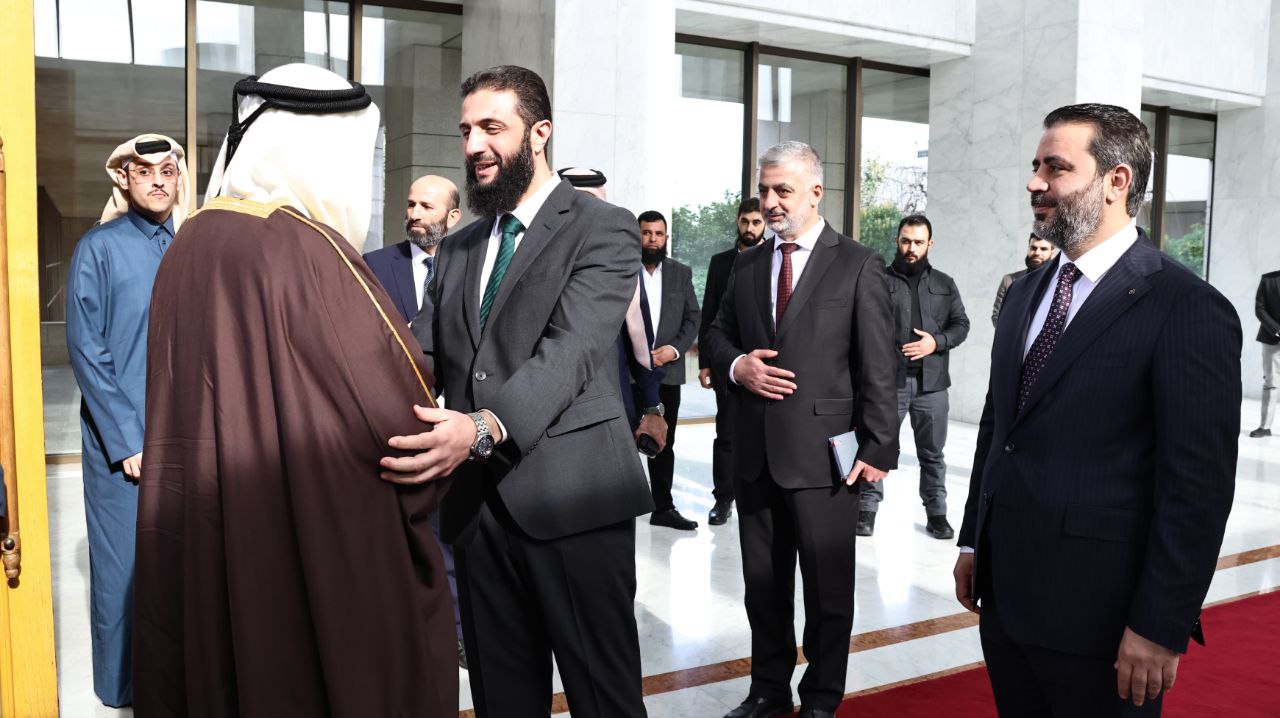 The meeting of Commander "Ahmad Al-Sharaa" and Syrian Foreign Minister Mr. "Asaad Al-Shibani" with the Qatari delegation headed by Minister of State Mr. "Mohammed bin Abdulaziz Al-Khulaifi".