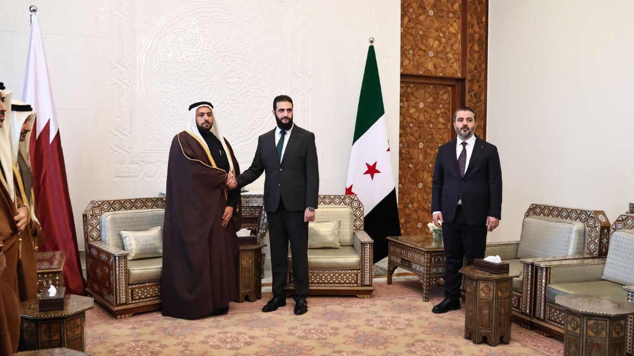 The meeting of Commander "Ahmad Al-Sharaa" and Syrian Foreign Minister Mr. "Asaad Al-Shibani" with the Qatari delegation headed by Minister of State Mr. "Mohammed bin Abdulaziz Al-Khulaifi".