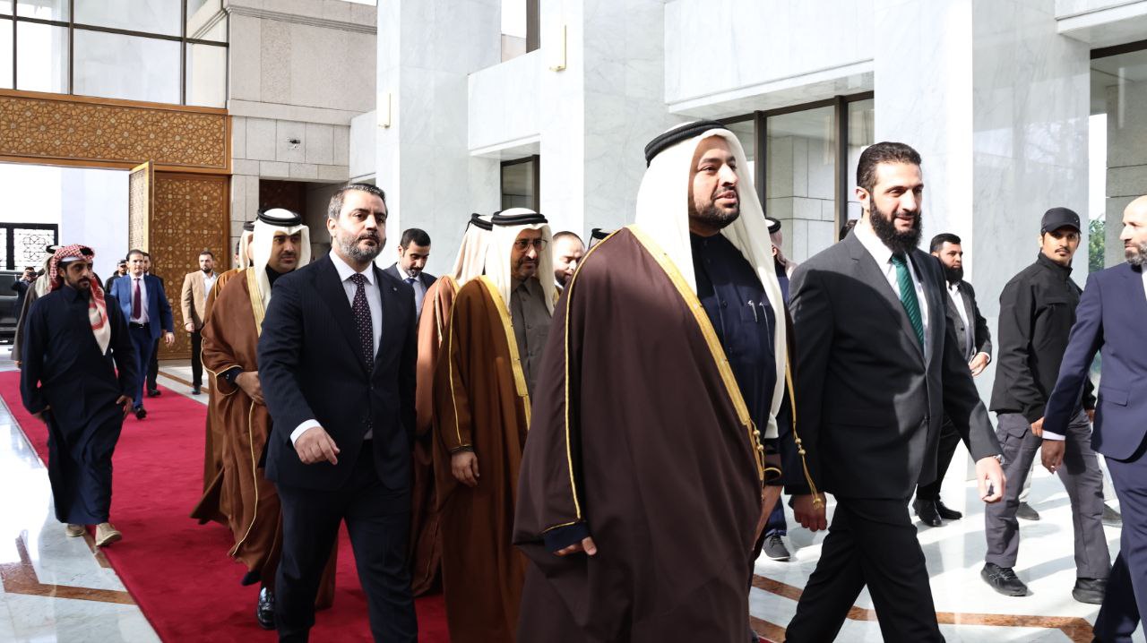 The meeting of Commander "Ahmad Al-Sharaa" and Syrian Foreign Minister Mr. "Asaad Al-Shibani" with the Qatari delegation headed by Minister of State Mr. "Mohammed bin Abdulaziz Al-Khulaifi".