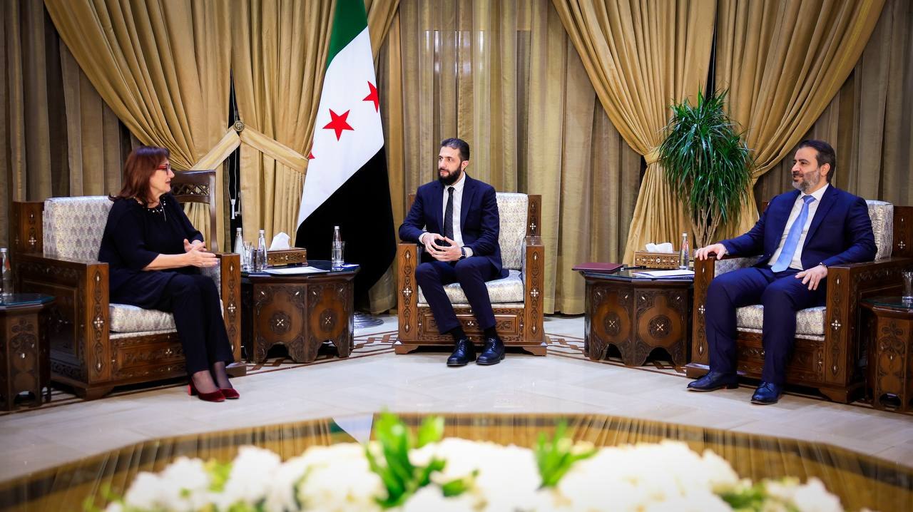 His Excellency the President of the Republic, Mr. Ahmed Al-Shara, Accompanied by the Minister of Foreign Affairs and Expatriates, Mr. Asaad Hassan Al-Shibani, Meets with the European Commissioner, Dubravka Šuica in the Capital, Damascus