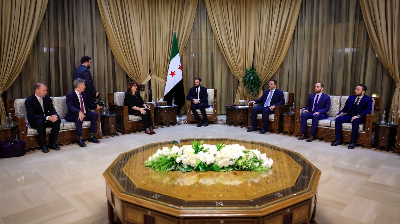 His Excellency the President of the Republic, Mr. Ahmed Al-Shara, Accompanied by the Minister of Foreign Affairs and Expatriates, Mr. Asaad Hassan Al-Shibani, Meets with the European Commissioner, Dubravka Šuica in the Capital, Damascus