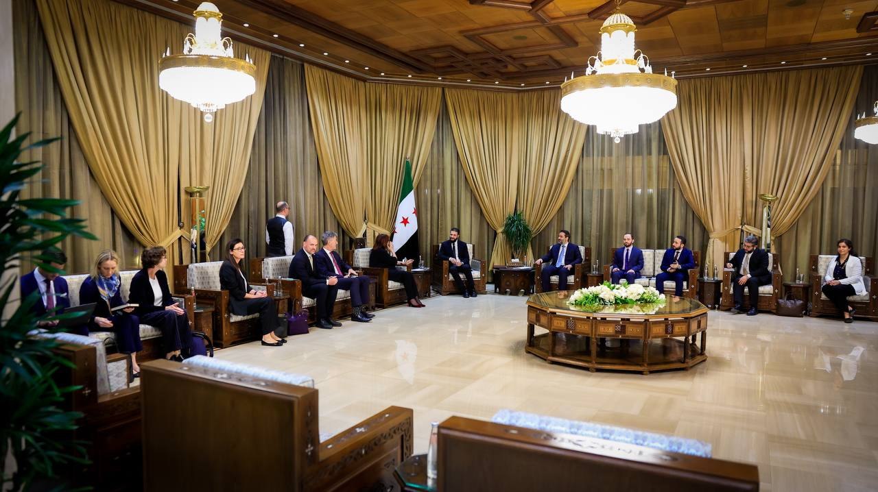 His Excellency the President of the Republic, Mr. Ahmed Al-Shara, Accompanied by the Minister of Foreign Affairs and Expatriates, Mr. Asaad Hassan Al-Shibani, Meets with the European Commissioner, Dubravka Šuica in the Capital, Damascus